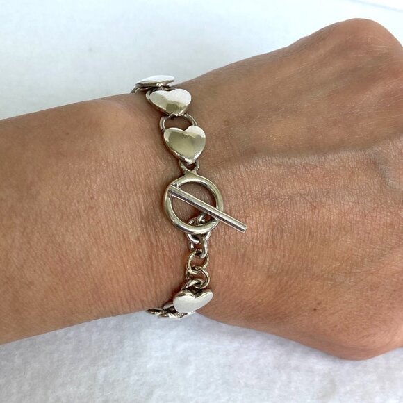 Solid Sterling Silver 925 Stacking Heart Link Toggle Clasp Bracelet Sz 6.5" 20g - Picture 3 of 16